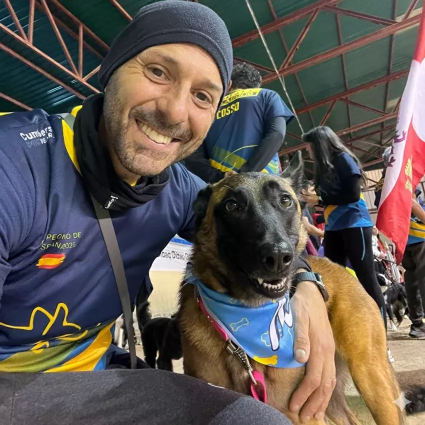 Guía y perro durante un ejercicio de agility que requiere concentración